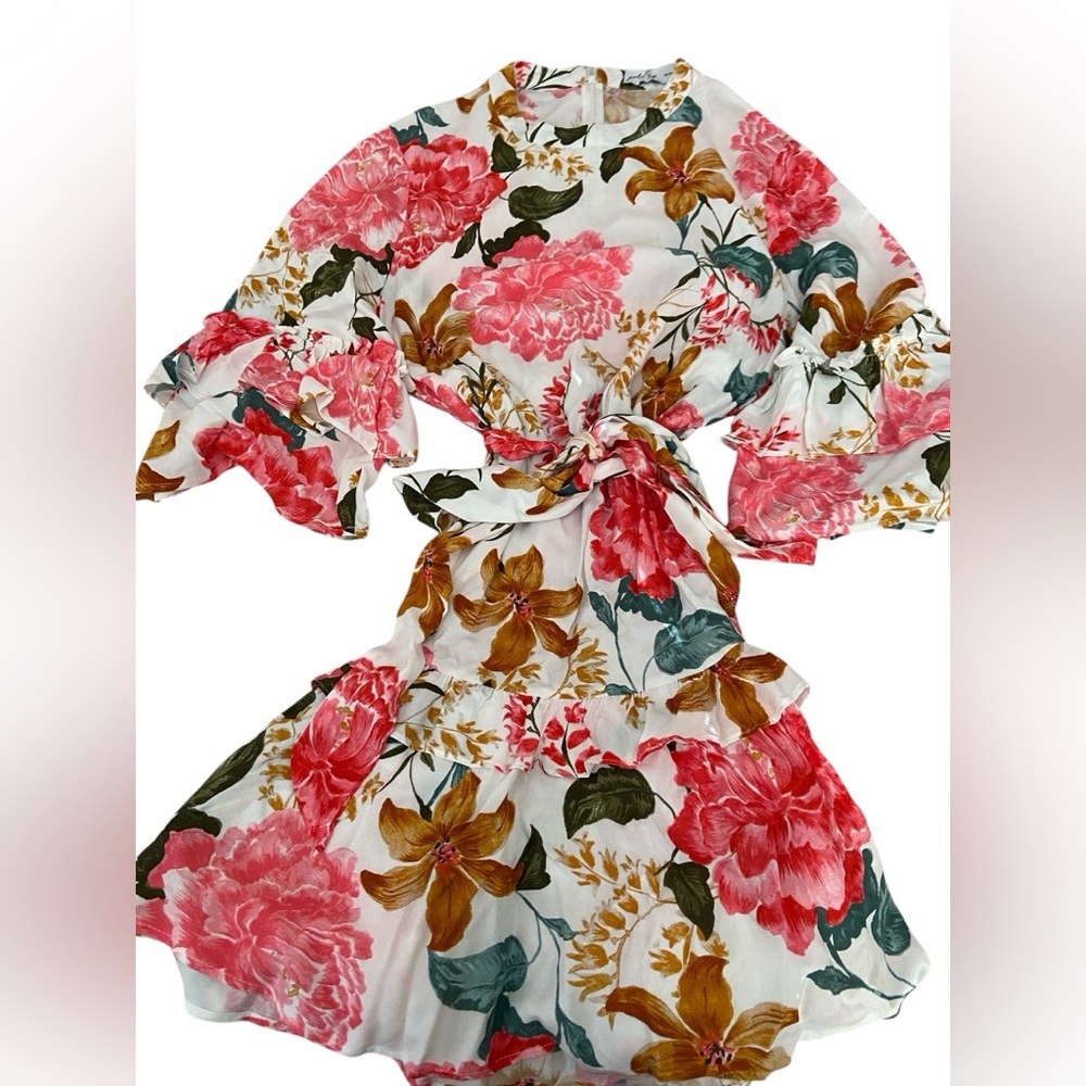 Petal & Pup White Floral Tie-Waist Ruffle Dress